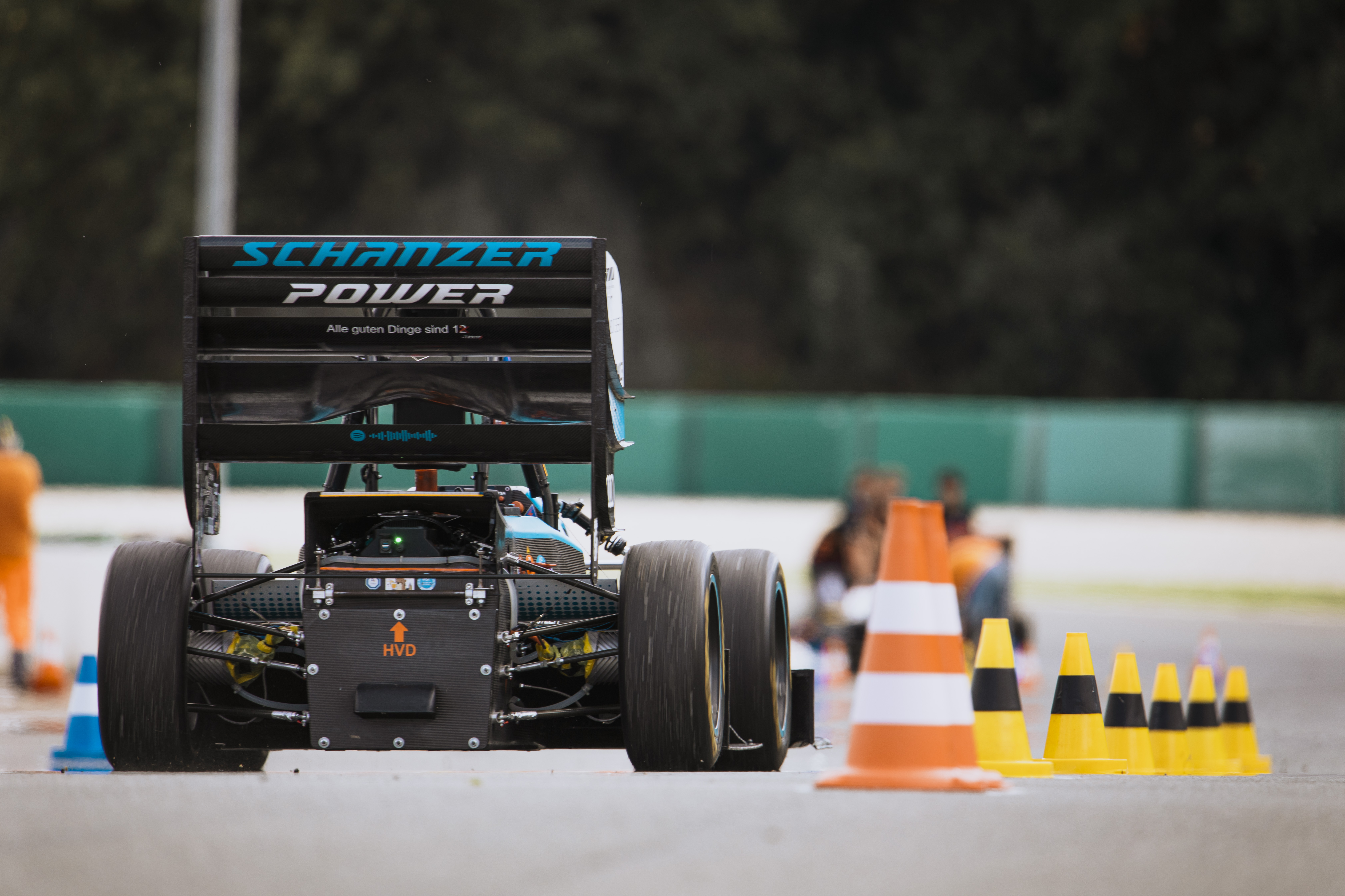 Rear view of the autonomous Formula Student racecar aligned with cones