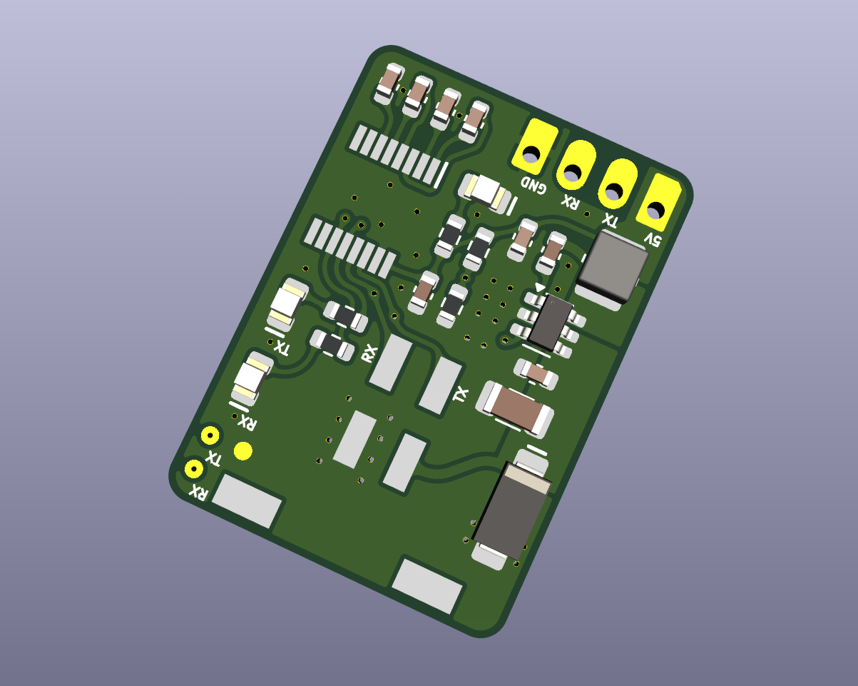 3D render of a compact RS232 to TTL converter PCB