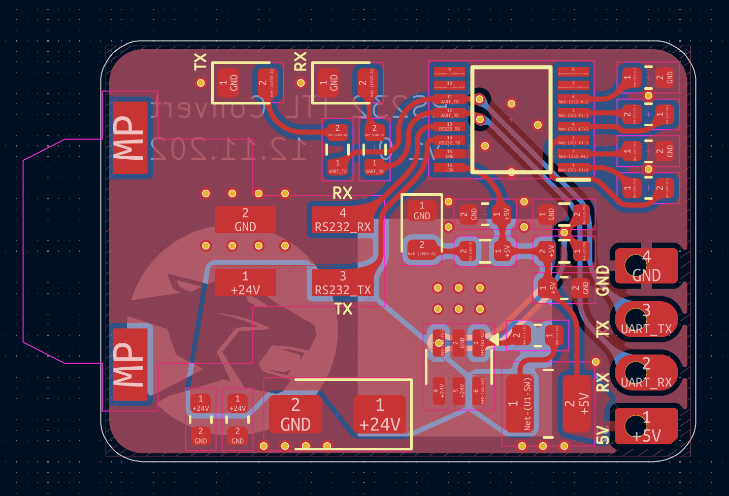 PCB layout for an RS232-to-TTL converter with labeled TX, RX, GND, and voltage nets