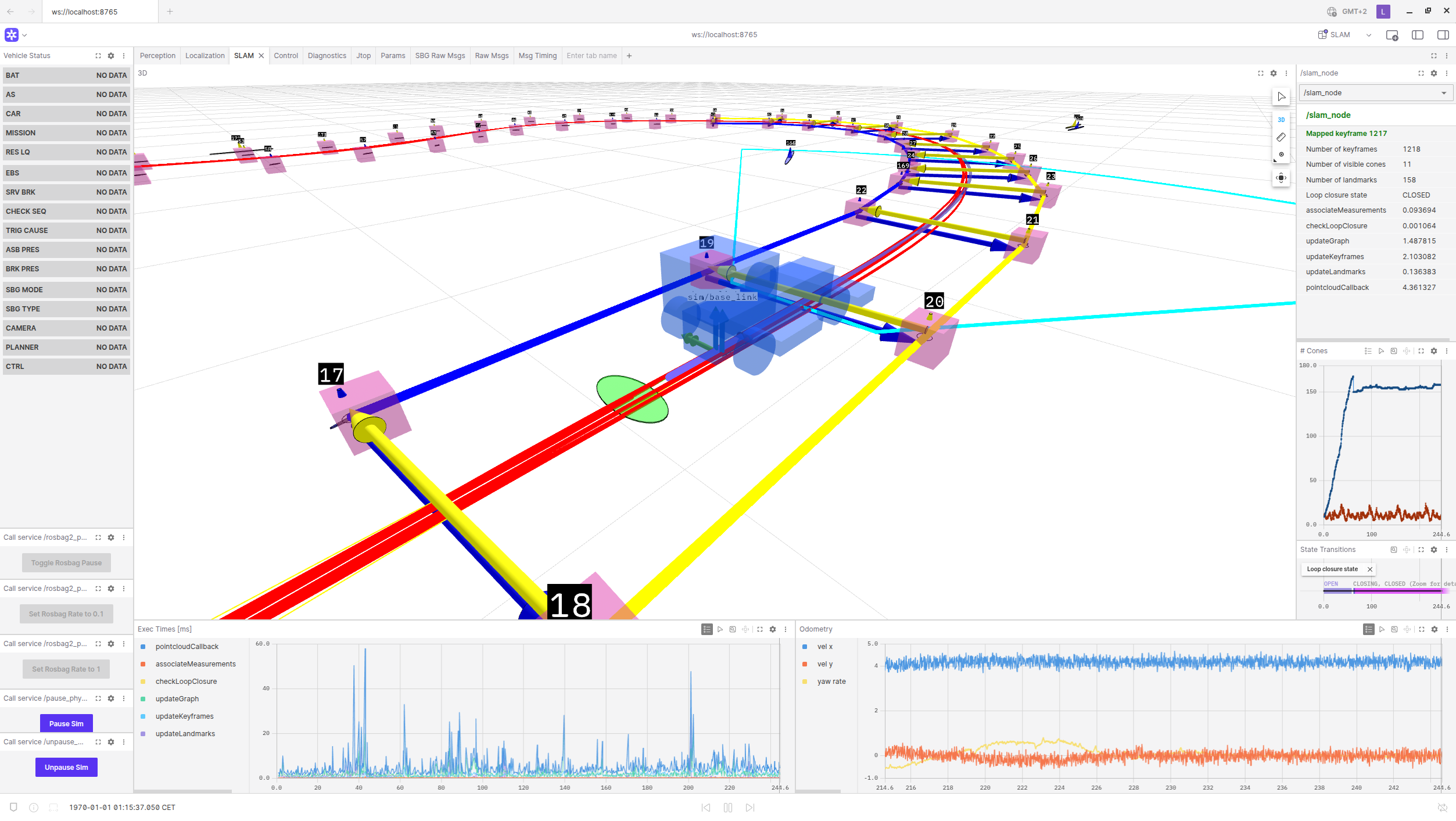 3D SLAM visualization with cones, keyframes, and vehicle trajectory